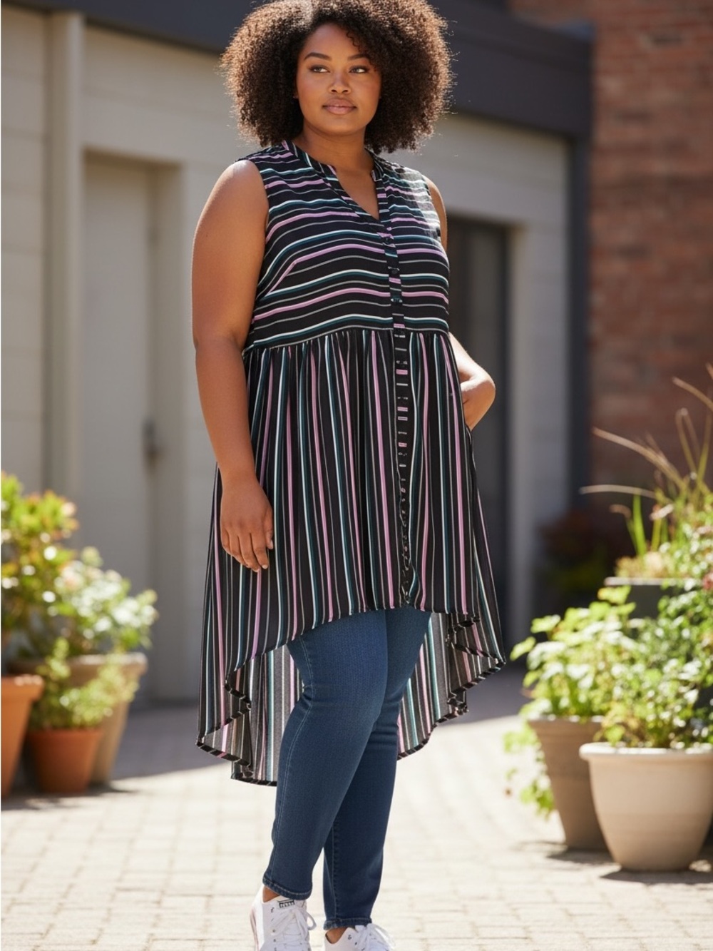 Torrid Lexie Georgette Sheer Tunic Tank Black White Purple Green Striped Size 2